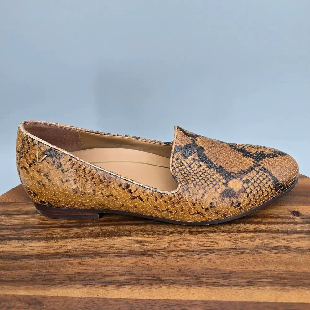 Vionic Shoes Women's 7 Tan Leather Willa Boa Snake Print Slip On Orthotic Flats